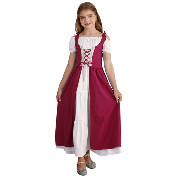 iiniim Kids Girls Renaissance Vintage Ball Gown Gothic Medieval Costume Maxi Dress Halloween Cosplay Size 6-16 A Burgundy 12