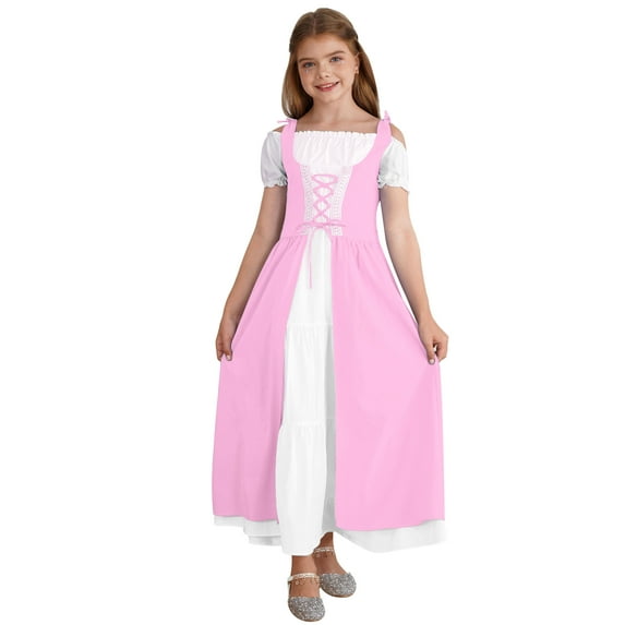 iiniim Kids Girls Renaissance Vintage Ball Gown Gothic Medieval Costume Maxi Dress Halloween Cosplay Size 6-16 Pink 16