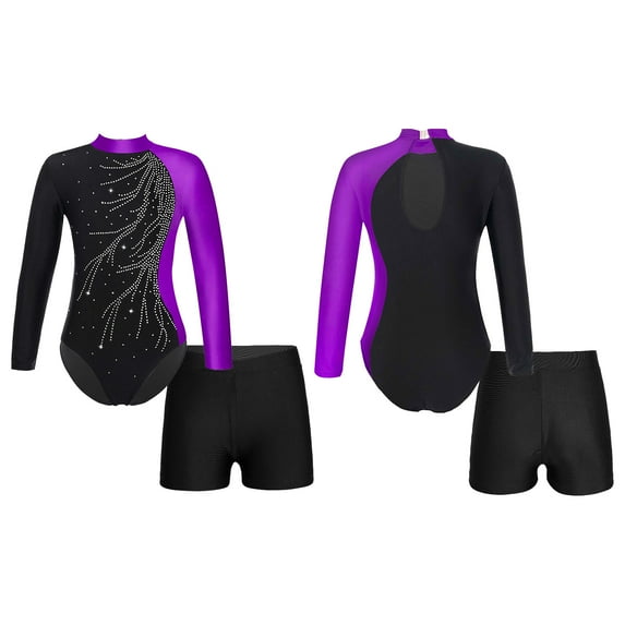 iiniim Kids Girls Rhinestone Ballet Dance 2 Piece Long Sleeve Gymnastic Leotard and Short 6-14 Purple 12