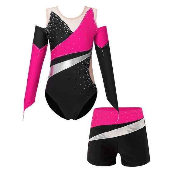 iiniim Kids Girls Rhinestone Long Sleeve Dance Outfits Set 2 Piece Gymnastic Leotard and Athletic Short Dancewear