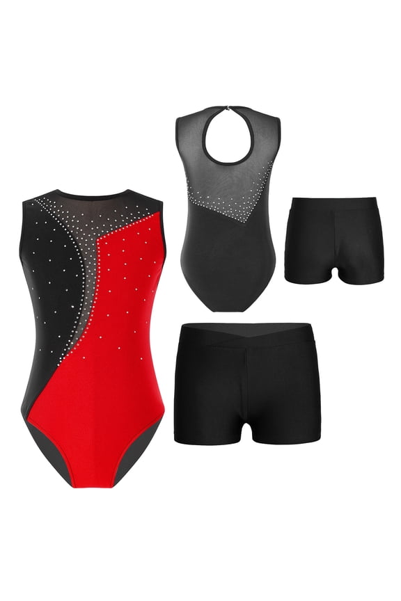 Kids Girls Rhinestone Sleeveless Gymnastics Leotard Ballet Dance Skating with Short Set Tracksuit 6-14 A Red&Black 6