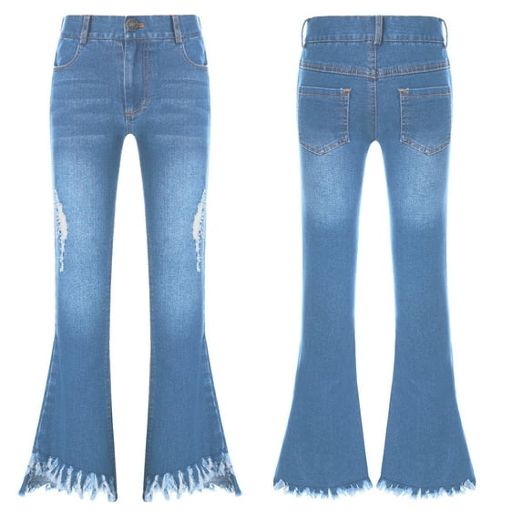 iiniim Kids Girls Ripped Tassel Bell Bottom Jeans Wide Leg Distressed Denim Pants Flare Denim Trousers with Pockets A Light Blue 8