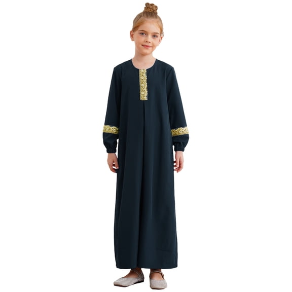 iiniim Kids Girls Round Neck Long Sleeve Maxi Dress Theme Party Masquerade Navy Blue 8