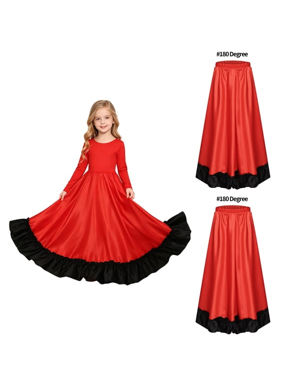 Girls Spanish Flamenco Belly Dance Mexican Gypsy Folklorico Long Swing Skirt Red 120