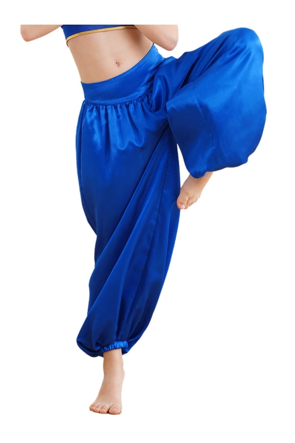 Kids Girls Satin Belly Dance Harem Wide Leg Trousers Palazzo Pants Bloomer Dancewear Blue 8
