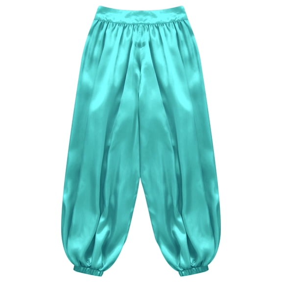 iiniim Kids Girls Satin Belly Dance Harem Wide Leg Trousers Palazzo Pants Bloomer Dancewear Light Blue 6