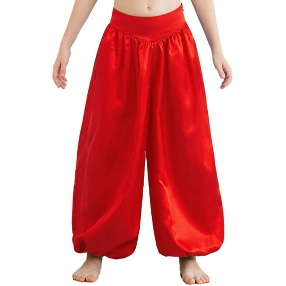 iiniim Kids Girls Satin Belly Dance Harem Wide Leg Trousers Palazzo Pants Bloomer Dancewear Red 10