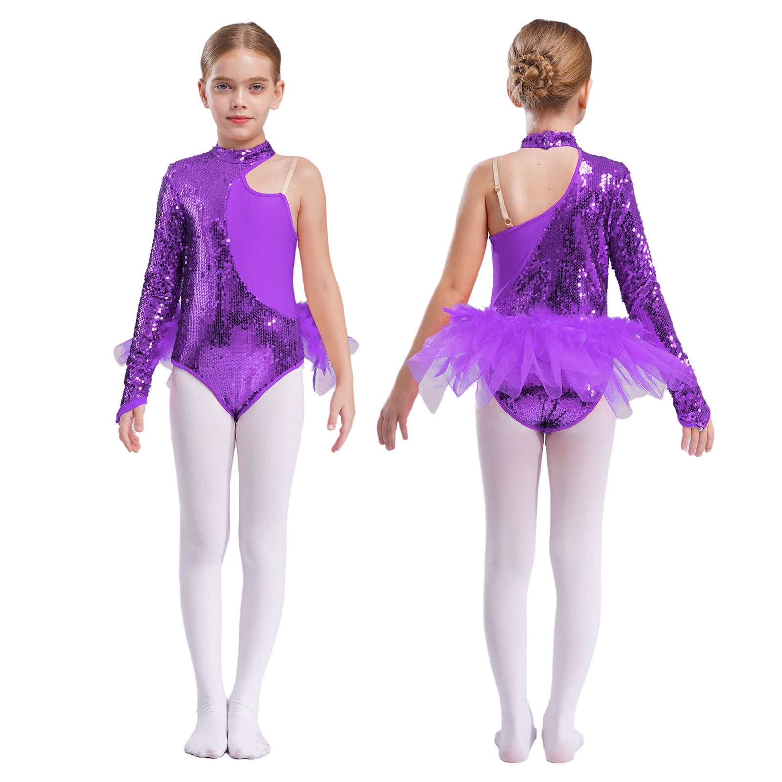 iiniim Kids Girls Sequin Ballet Dance One Shoulder Long Sleeve