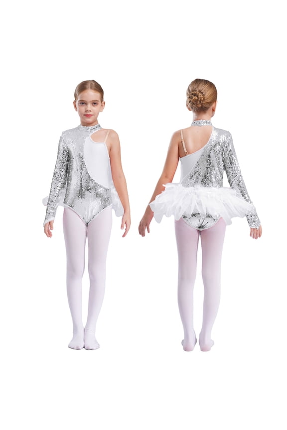 Kids Girls Sequin Ballet Dance One Shoulder Long Sleeve Gymnastic Leotard Jazz Dress Silver 6