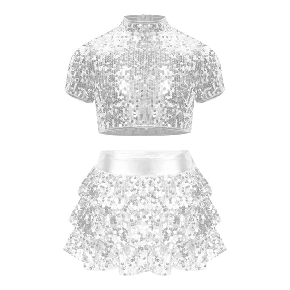 iiniim Kids Girls Sequin Dance Metallic Crop Top with Skirt Jazz Latin Ballroom Performance Silver 14