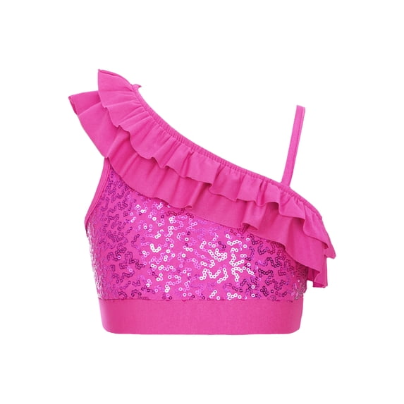 iiniim Kids Girls Sequin Dance Stage Performance Asymmetrical Shoulder Straps Crop Tops Dancewear Hot Pink 6