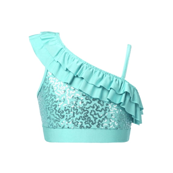 iiniim Kids Girls Sequin Dance Stage Performance Asymmetrical Shoulder Straps Crop Tops Dancewear Mint Green 14