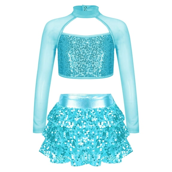 iiniim Kids Girls Sequin Long Sleeve Ballet Dance Crop Tops with Culottes Set Modern Jazz Latin Ballroom Dancewear A Lake Blue 10