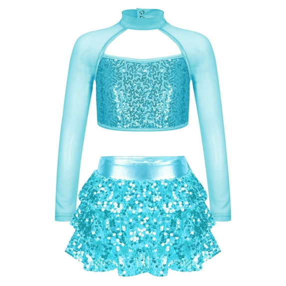 iiniim Kids Girls Sequin Long Sleeve Ballet Dance Crop Tops with Culottes Set Modern Jazz Latin Ballroom Dancewear A Lake Blue 16