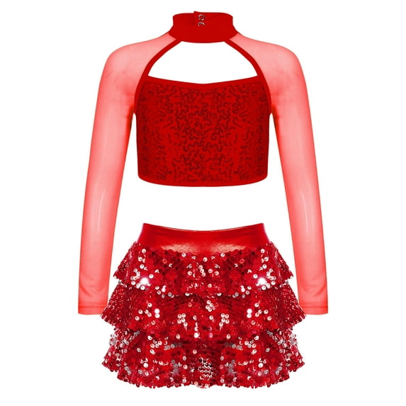 iiniim Kids Girls Sequin Long Sleeve Ballet Dance Crop Tops with Culottes Set Modern Jazz Latin Ballroom Dancewear Red 16
