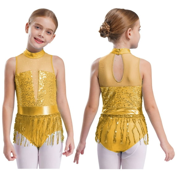 iiniim Kids Girls Sequin Patchwork Tassel Jazz Cha Cha Modern Latin Dance Leotard Sleeveless Fringed Bodysuit Performance Yellow 10