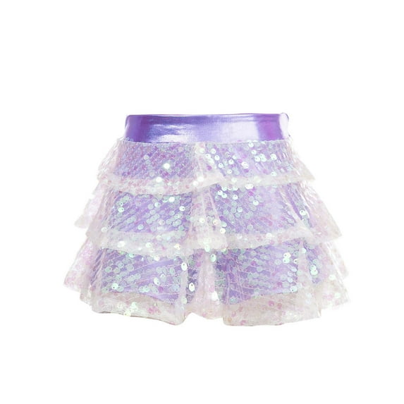 iiniim Kids Girls Sequin Skirt Elastic Waist 3-Layers Ruffle Dance Skorts Party Scooter Skirt Size 4-16 Lavender 14