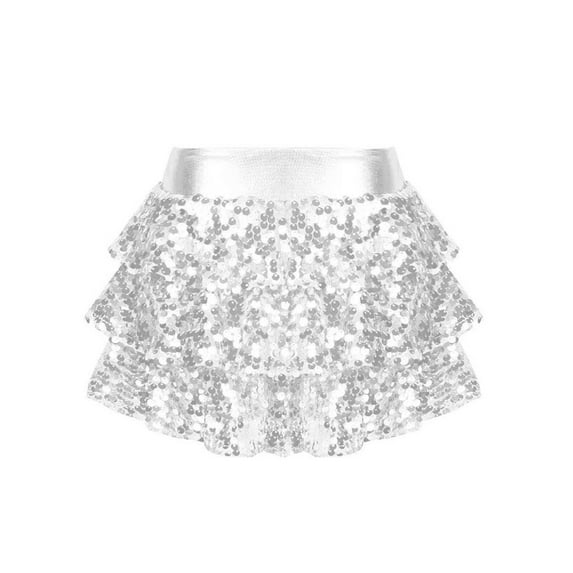 iiniim Kids Girls Sequin Skirt Elastic Waist 3-Layers Ruffle Dance Skorts Party Scooter Skirt Size 4-16 Silver 8