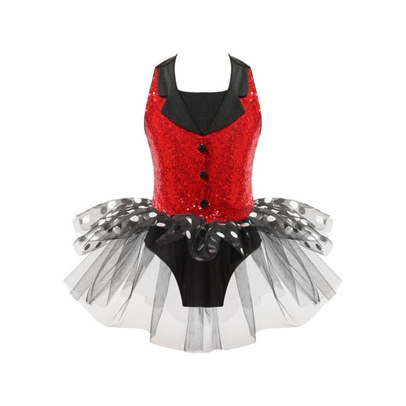 iiniim Kids Girls Sequin Sleeveless Polka Dots Mesh Tutu Dress Dance Costume Red 14