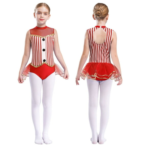 iiniim Kids Girls Sequin Stripe Jazz Dance Tutu Skirt Leotard Dress Red 8