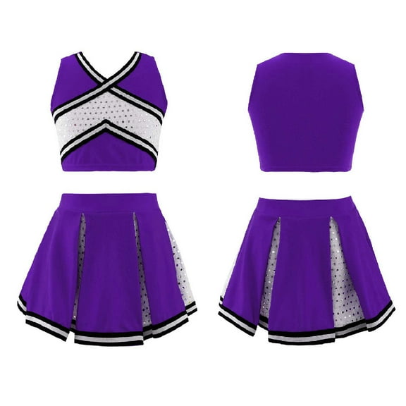 iiniim Kids Girls Sequined Cheerleading Uniform Tank Crop Top with Pleated Skirt Set Cheer Costume