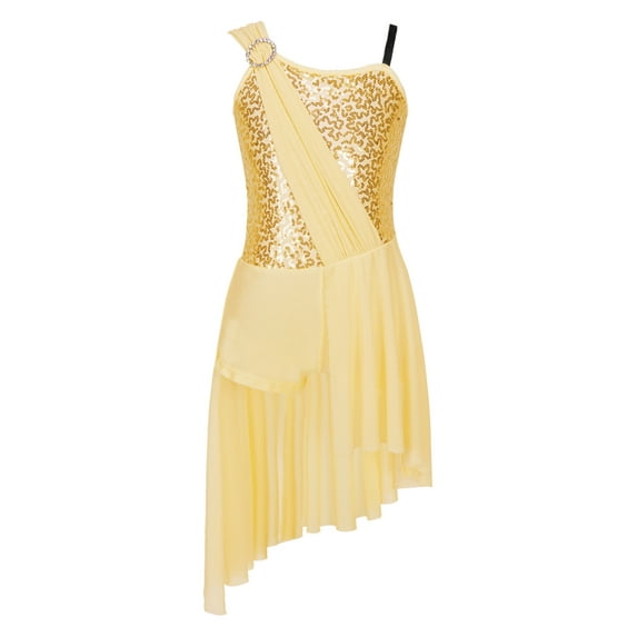 iiniim Kids Girls Sequins Asymmetrical Sleeveless Camisole Lyrical Dance Dress Ballet 6-16 A Gold 14