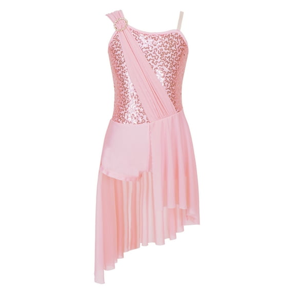 iiniim Kids Girls Sequins Asymmetrical Sleeveless Camisole Lyrical Dance Dress Ballet 6-16 Pink 10