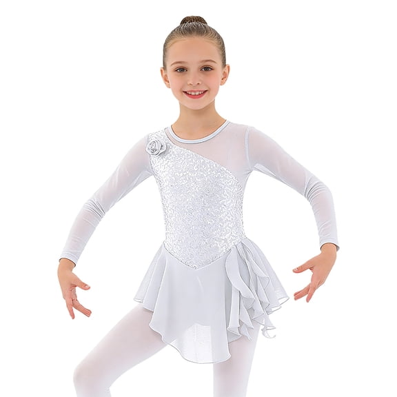 iiniim Girls Sequins Figure Ice Skating Dress Hollow Back Mesh Leotard Wrap Skirt Ballet Dancewear White 6