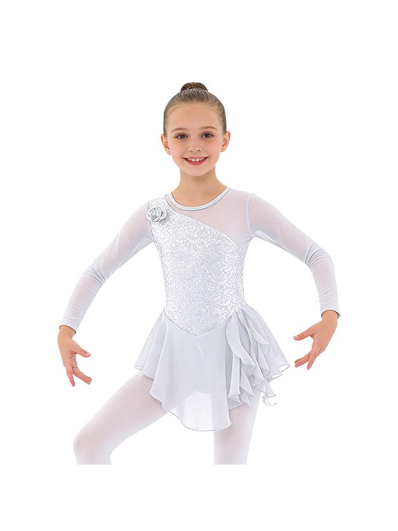 Girls Sequins Figure Ice Skating Dress Hollow Back Mesh Leotard Wrap Skirt Ballet Dancewear White 6