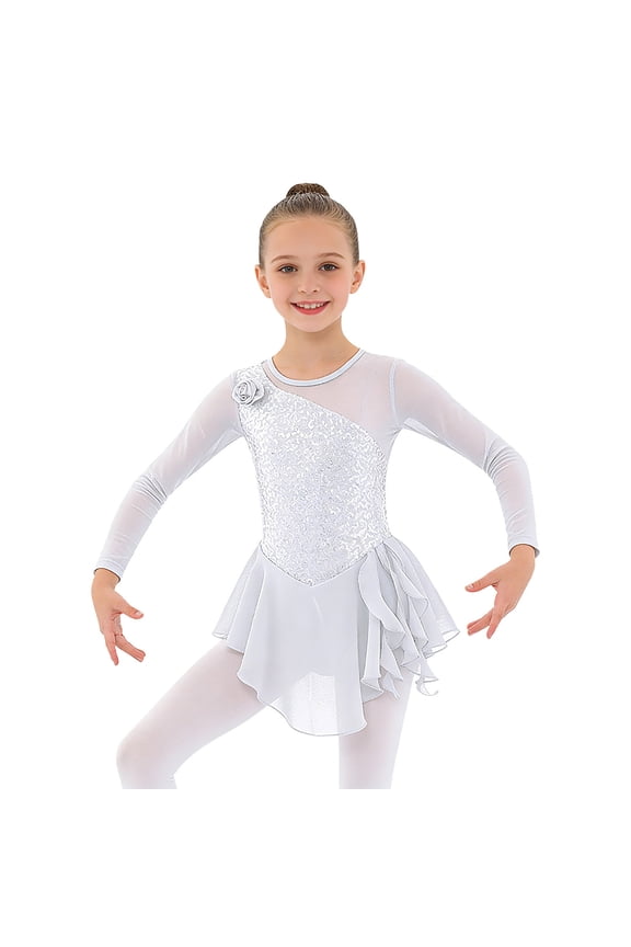 Girls Sequins Figure Ice Skating Dress Hollow Back Mesh Leotard Wrap Skirt Ballet Dancewear White 6