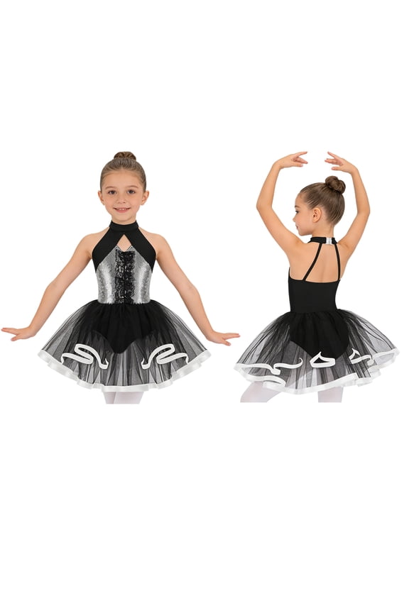 Girls Sequined Ballet Tutu Dress Sleeveless Halter Neck Sparkly Jazz Cha Cha Dance Stage Performance Silver 6
