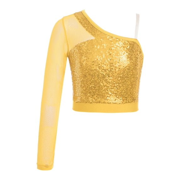 iiniim Kids Girls Sequins Jazz Ballet Dance Crop Top One Shoulder Mesh Long Sleeve T-Shirt Party Dancewear Size 6-16 A Gold 16