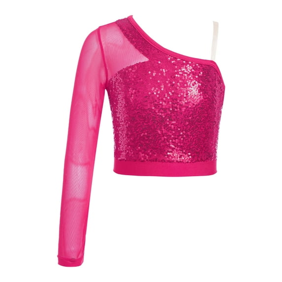 iiniim Kids Girls Sequins Jazz Ballet Dance Crop Top One Shoulder Mesh Long Sleeve T-Shirt Party Dancewear Size 6-16 Hot Pink 10