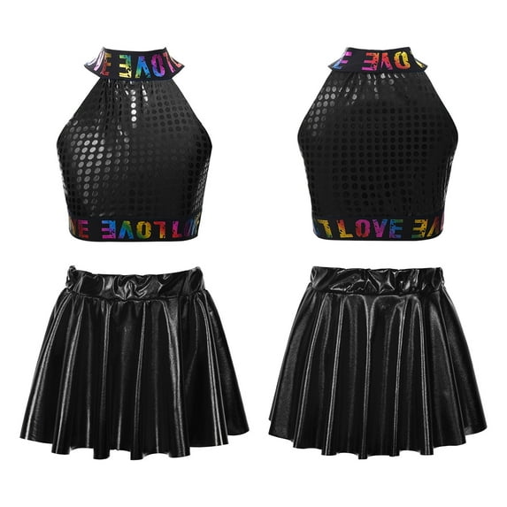 iiniim Kids Girls Sequins Letters Printed Crop Tank Top with Pleated Skirt Ballet Jazz Hip Hop Dance Costume Size 2-12 Black 9-10