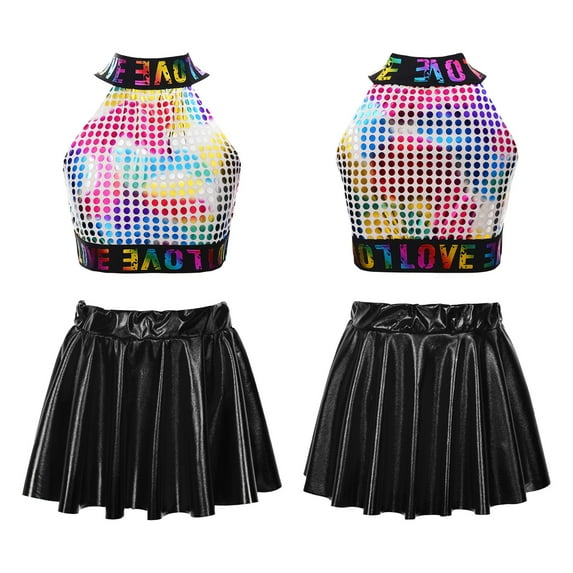 iiniim Kids Girls Sequins Letters Printed Crop Tank Top with Pleated Skirt Ballet Jazz Hip Hop Dance Costume Size 2-12 Colorful&Black 11-12