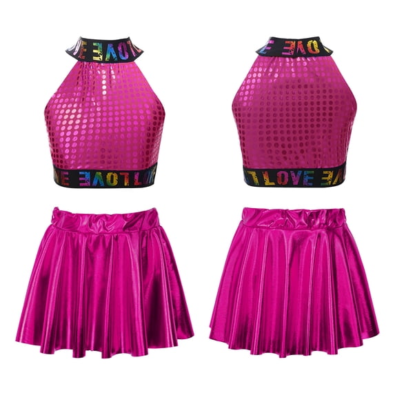 iiniim Kids Girls Sequins Letters Printed Crop Tank Top with Pleated Skirt Ballet Jazz Hip Hop Dance Costume Size 2-12 Hot Pink 11-12