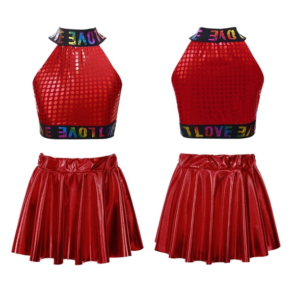 iiniim Kids Girls Sequins Letters Printed Crop Tank Top with Pleated Skirt Ballet Jazz Hip Hop Dance Costume Size 2-12 Red 5-6