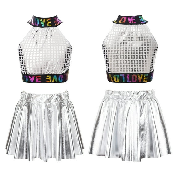 iiniim Kids Girls Sequins Letters Printed Crop Tank Top with Pleated Skirt Ballet Jazz Hip Hop Dance Costume Size 2-12 Silver 2-3