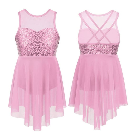 iiniim Kids Girls Sequins Lyrical Dance Skirt Sweetheart Criss-Cross Back Irregular Ballroom Dress Pink 10