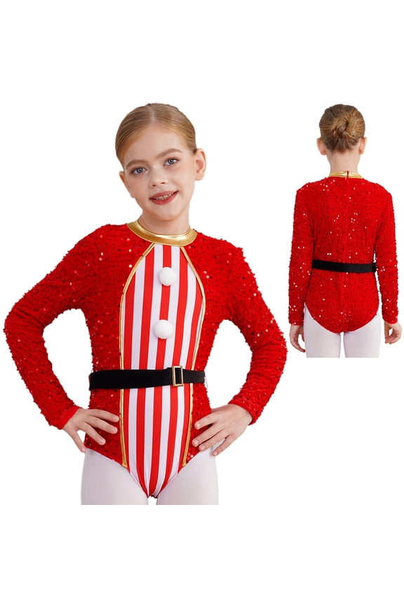 Kids Girls Sequins Shiny Xmas Long Sleeve Ballet Leotard Unitard Candy Cane Striped Dancewear Red 8