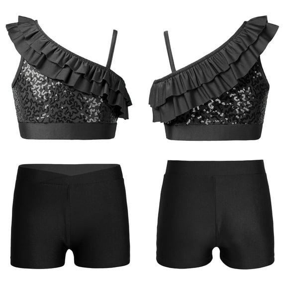iiniim Kids Girls Sequins Sleeveless Ruffle Ballet Jazz Hip Hop Dance Crop Top with Shorts Set Dancewear 6-14 Black 12