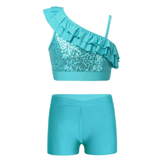 iiniim Kids Girls Sequins Sleeveless Ruffle Ballet Jazz Hip Hop Dance Crop Top with Shorts Set Dancewear 6-14 Lake Green 8