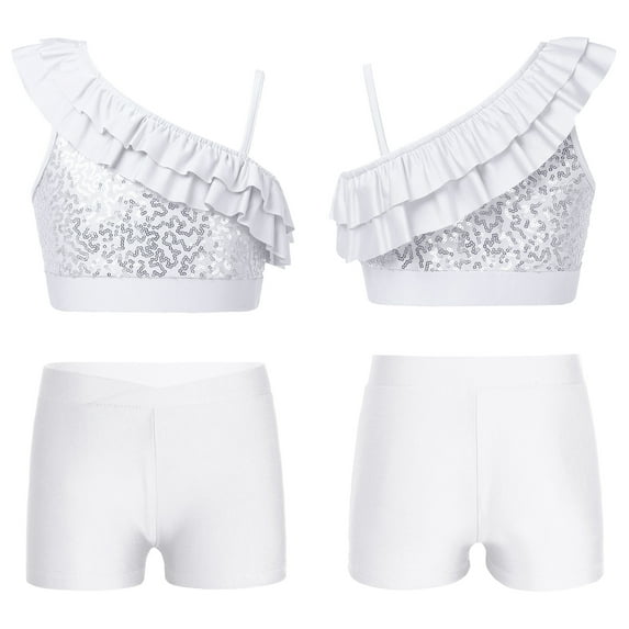 iiniim Kids Girls Sequins Sleeveless Ruffle Ballet Jazz Hip Hop Dance Crop Top with Shorts Set Dancewear 6-14 White 12