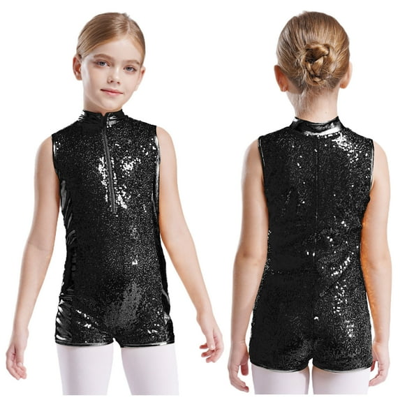 iiniim Kids Girls Sequins Sleeveless Short Jumpsuit Ballet Dance Biketard Gymnastics Leotard Unitard Black 16