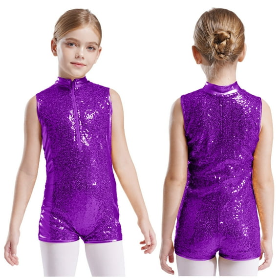 iiniim Kids Girls Sequins Sleeveless Short Jumpsuit Ballet Dance Biketard Gymnastics Leotard Unitard Purple 14