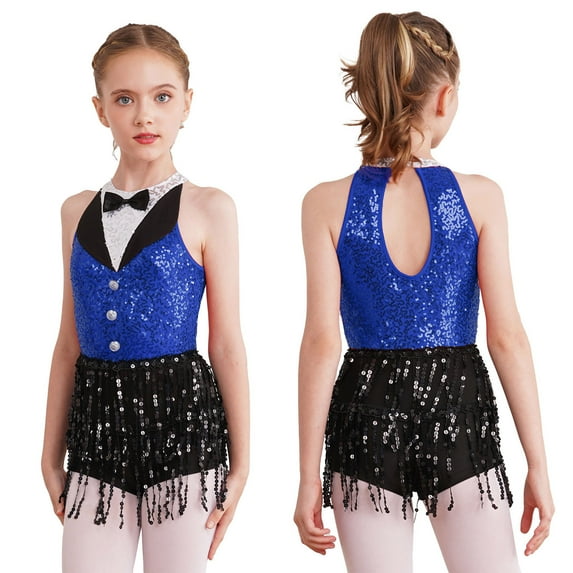 iiniim Kids Girls Sequins Sleeveless Tassel Latin Jazz Ballroom Dance Dress Leotard Tutu Skirt Size 6-16 Blue 8
