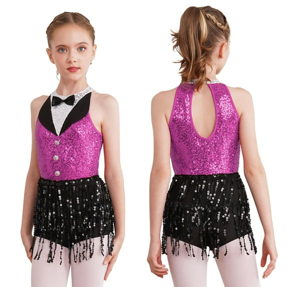 iiniim Kids Girls Sequins Sleeveless Tassel Latin Jazz Ballroom Dance Dress Leotard Tutu Skirt Size 6-16 Hot Pink 8
