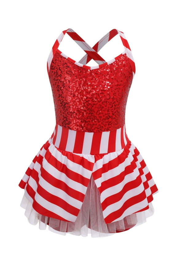 Kids Girls Sequins Striped Ballet Dance Gymnastics Leotard One Piece Unitard Red 4