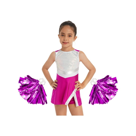 iiniim Kids Girls Shiny Cheerleading Outfits Sleeveless Tops Sports Shorts with PomPoms High School Party Costume