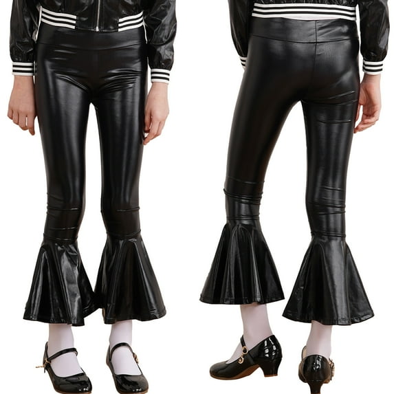 iiniim Kids Girls Shiny Dance Trousers Ruffle Hem Bell-bottom Jazz Dancewear High Waist Long Pants Size 6-16 A Black 14